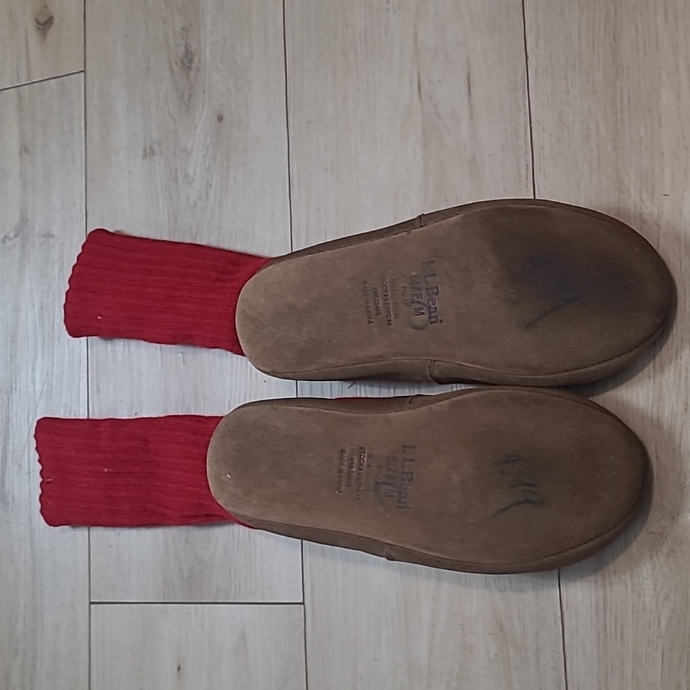 LL Bean Red Wool Blend Slipper Socks M (M9-10)Leather Sole *VGUC - Picture 6 of 7